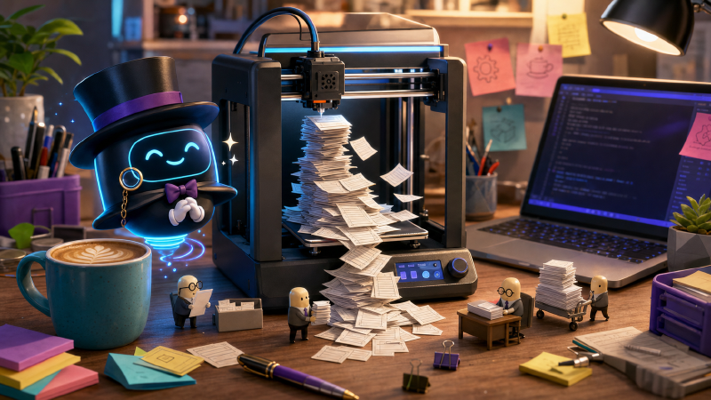 A tiny top-hatted AI assistant supervises a 3D printer producing a stack of forms instead of a useful part.